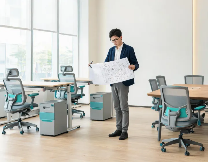 Office furniture showroom with task chairs and standing desks