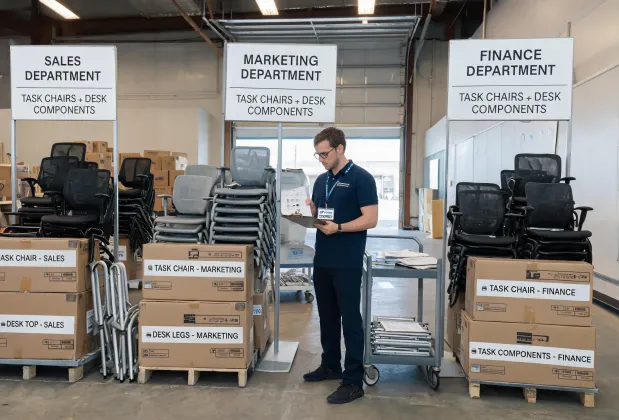 Office seating delivery staged for multiple departments