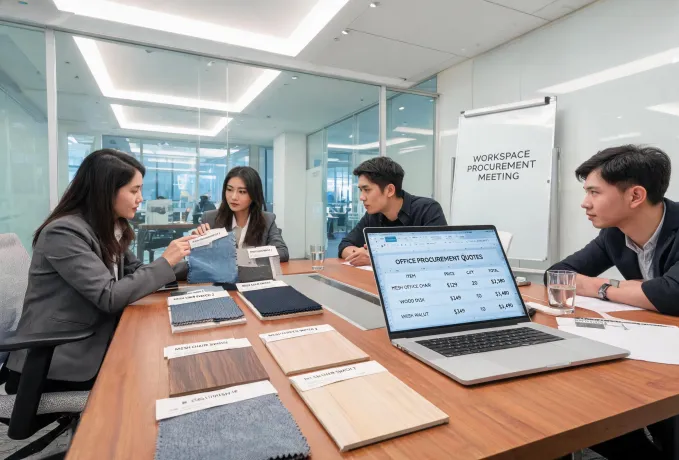 Procurement team reviewing office furniture plan